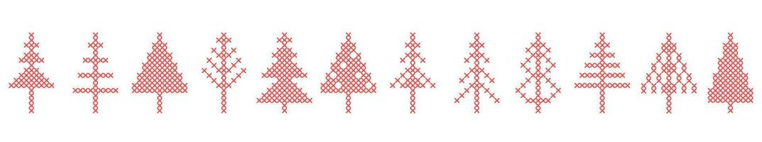 conjunto de Navidad árbol campesino gente rústico motivo. línea, trenza, marco, frontera desde cruzar puntada abeto árbol vector