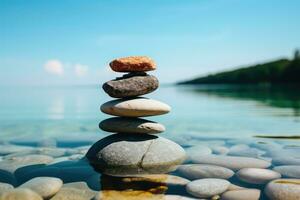 Stack of round smooth stones on a seashore. Mental health and meditation concept. Generated by artificial intelligence photo
