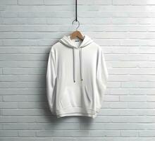 Hanging white hoodie Mockup With brick Background ai generate photo