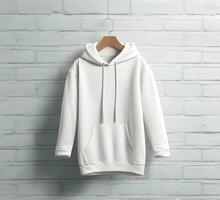 Hanging white hoodie Mockup With brick Background ai generate photo