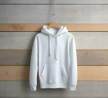 Hanging white hoodie Mockup With brick Background ai generate photo