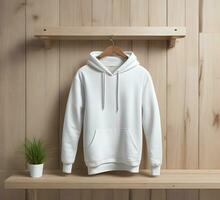 Hanging white hoodie Mockup With brick Background ai generate photo