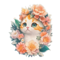 linda gato con flor pegatina estilo png transparente antecedentes ai generativo