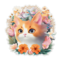 schattig kat met bloem sticker stijl PNG transparant achtergrond ai generatief