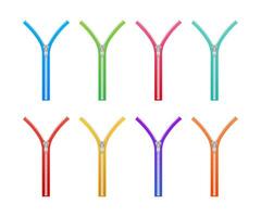 zippers type set fastener. Metallic closed and open zippers and pullers. Vector illustration