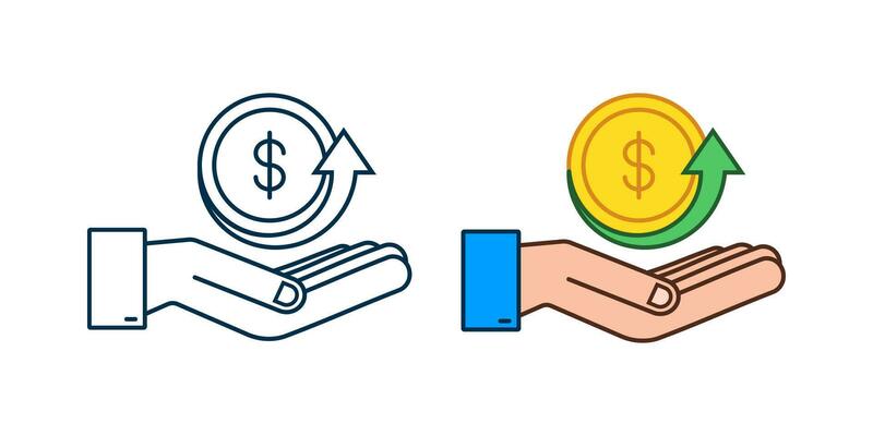 Up Dollar Sign in hands on white background. Vector stock illustration