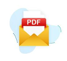 Download PDF button on laptop screen. Downloading document concept. File with PDF label and down arrow sign. Vector illustration.