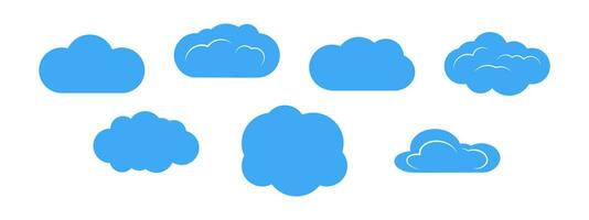 Set of seven blue clouds on white background. Vector illustration.