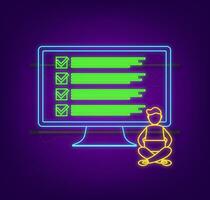 Online exam, checklist and pencil, choosing answer, questionnaire form, taking test. Neon icon. Vector illustration.