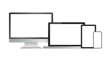 Realistic computer laptop smartphone and tablet. Monitor screen display template. Vector stock illustration