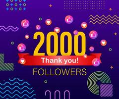 Thank you 2000 followers numbers. Congratulating multicolored thanks image for net friends likes vector