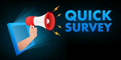 Megaphone label with quick survey. Megaphone banner. Web design. Vector stock illustration.