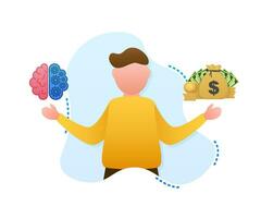 Man choosing between two options brainwork and money. Vector stock illustration.