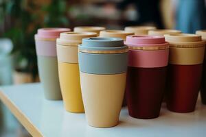 Colorful bamboo coffee cups displayed eco friendly option background with empty space for text photo