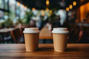 Freelancers at co working space with takeaway coffee cups background with empty space for text photo