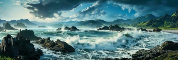 mar olas cañoneo rocoso costas debajo un Tormentoso cielo con furia foto