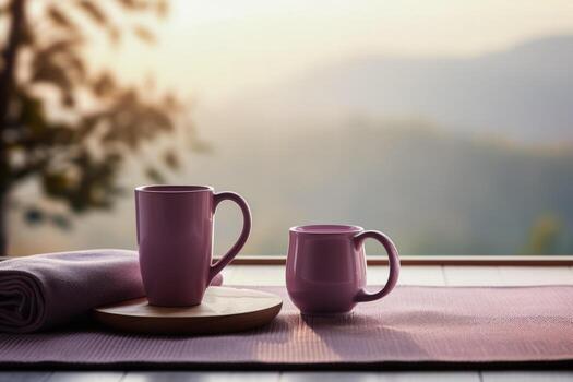 Yoga mats and coffee cups post class serene setting background with empty space for text photo