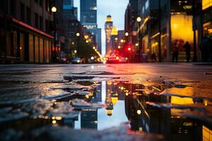 Cityscape mirrored in puddle displaying vibrant hues after a stormy rain photo