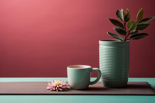 Yoga mats and coffee cups post class serene setting background with empty space for text photo