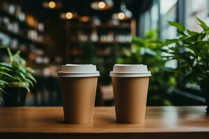 Freelancers at co working space with takeaway coffee cups background with empty space for text photo