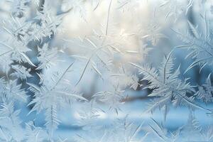 Frost designs on a wintry window creating a crystal like canvas photo