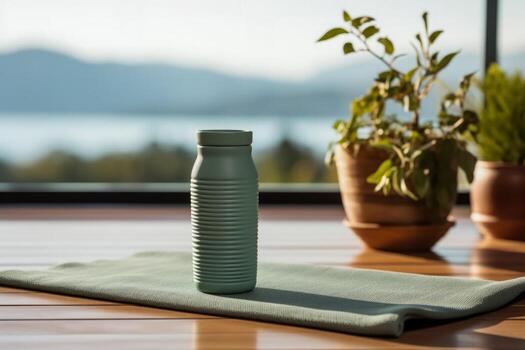 Yoga mats and coffee cups post class serene setting background with empty space for text photo