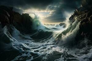 Sea waves battering rocky coasts under a stormy sky with fury photo