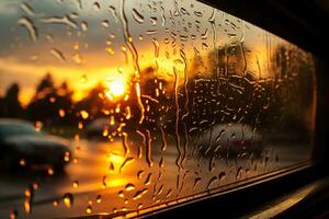 Golden sunset refracting through rain traced window offering a serene spectacle photo
