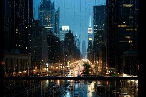 Silhouetted cityscape reflections captured in raindrop speckled window post deluge calm photo