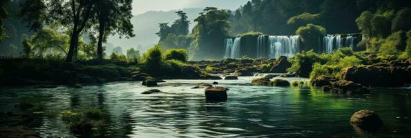 Waterfalls elegantly plunge amid the rich greenery forming a tranquil oasis photo