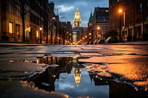 Cityscape mirrored in puddle displaying vibrant hues after a stormy rain photo