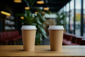 Freelancers at co working space with takeaway coffee cups background with empty space for text photo