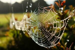 Dew kissed spider webs shimmering like diamonds in the morning sun photo