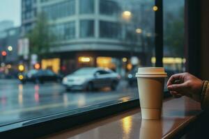 Motorist looking at coffee through window service background with empty space for text photo