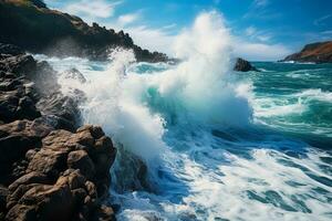 Dramatic sea waves ferociously assaulting a peaceful rocky coastline photo