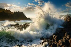 Dramatic sea waves ferociously assaulting a peaceful rocky coastline photo