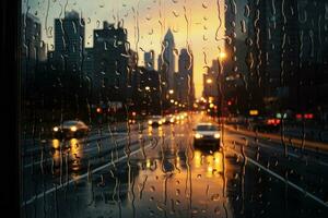 Silhouetted cityscape reflections captured in raindrop speckled window post deluge calm photo