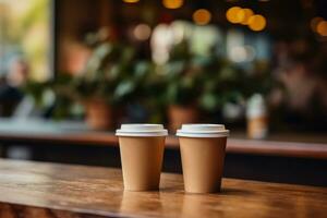 Freelancers at co working space with takeaway coffee cups background with empty space for text photo
