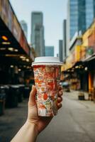 barista servido para llevar café tazas en contra pintada forrado paisaje urbano energizante urbano vida foto