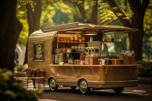 Stylish coffee cart in the city park background with empty space for text photo