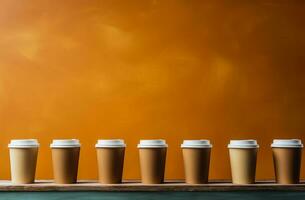 Artistic paper coffee cups lined up background with empty space for text photo