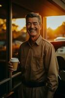 Driver at sunset rejuvenating with a swift drive thru coffee service photo