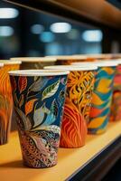 Multi colored paper coffee cups display of unique artistic flair and creativity photo