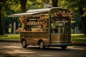 Stylish coffee cart in the city park background with empty space for text photo