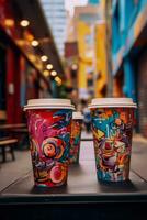 Barista served takeaway coffee cups against graffiti lined cityscape energizing urban life photo