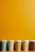 Artistic paper coffee cups lined up background with empty space for text photo