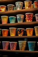 Multi colored paper coffee cups display of unique artistic flair and creativity photo