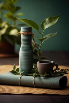 Yoga mats and coffee cups post class serene setting background with empty space for text photo