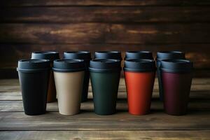 Reusable coffee cups on a rustic wooden table background with empty space for text photo