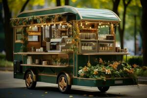 Stylish coffee cart in the city park background with empty space for text photo